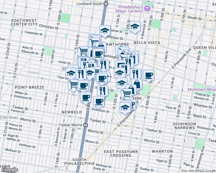 map of restaurants, bars, coffee shops, grocery stores, and more near 1237 South 13th Street in Philadelphia