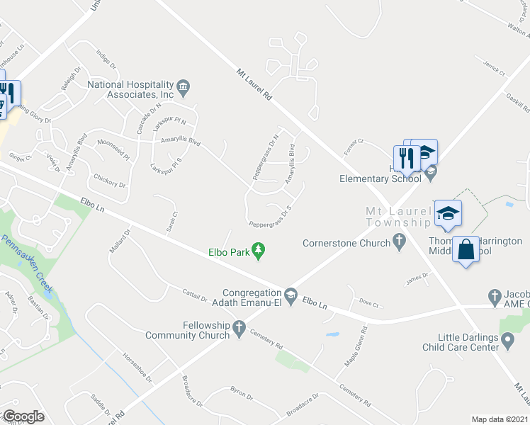 map of restaurants, bars, coffee shops, grocery stores, and more near 15 Pecan Court in Mount Laurel