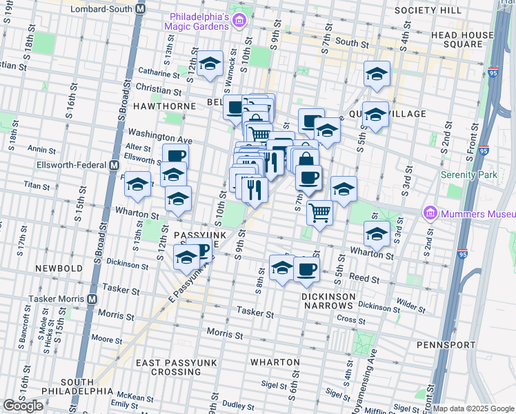 map of restaurants, bars, coffee shops, grocery stores, and more near Federal Street & East Passyunk Avenue in Philadelphia