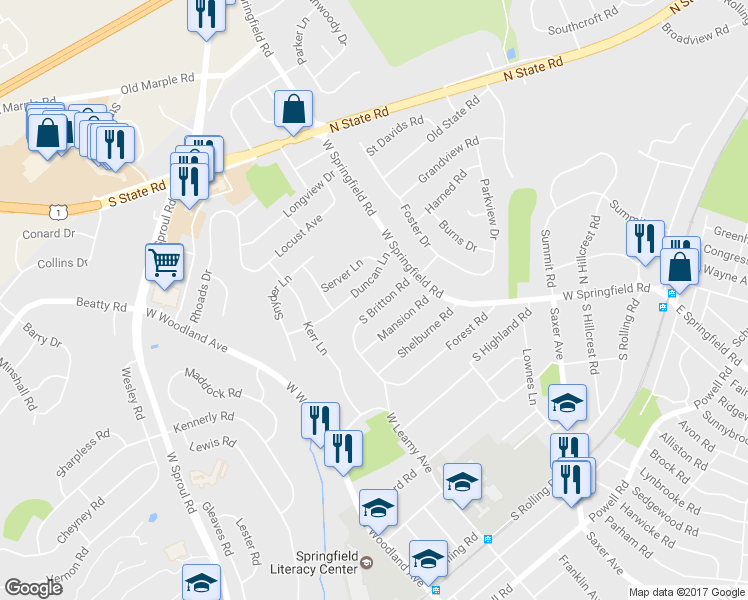 map of restaurants, bars, coffee shops, grocery stores, and more near 44 South Britton Road in Springfield
