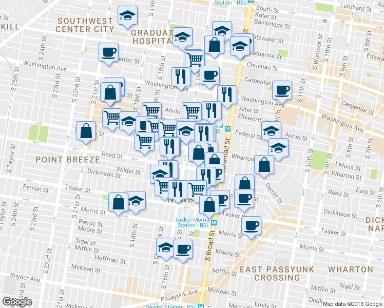 map of restaurants, bars, coffee shops, grocery stores, and more near 1303 S Mole St in Philadelphia