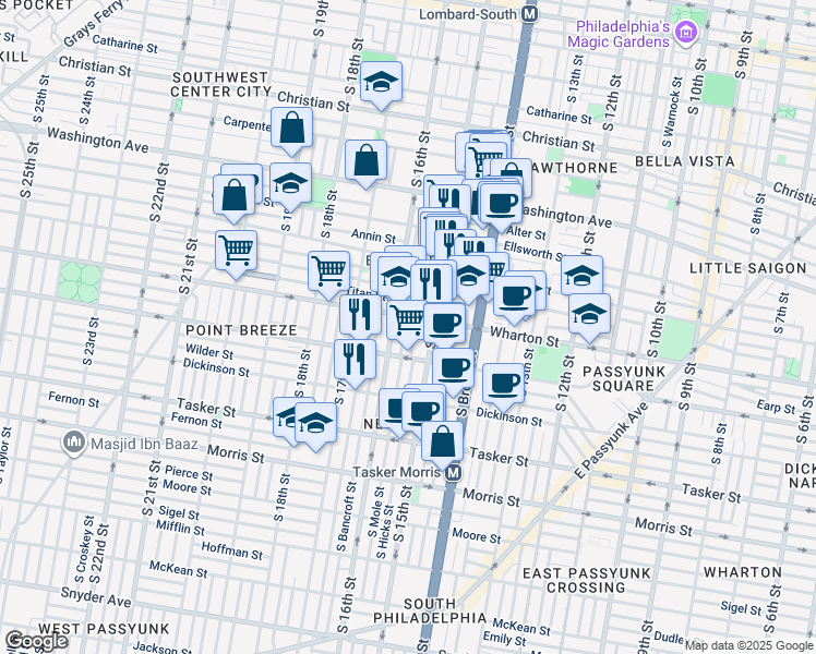 map of restaurants, bars, coffee shops, grocery stores, and more near 1303 South Mole Street in Philadelphia