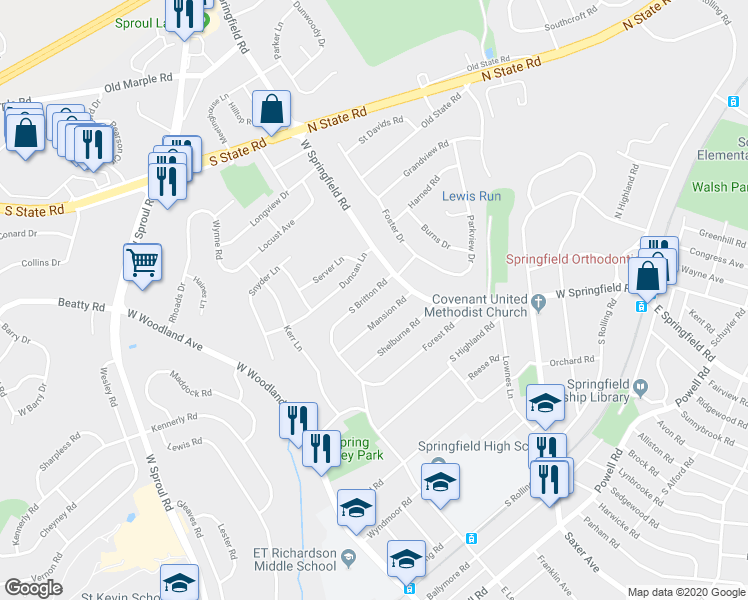 map of restaurants, bars, coffee shops, grocery stores, and more near 29 South Britton Road in Springfield