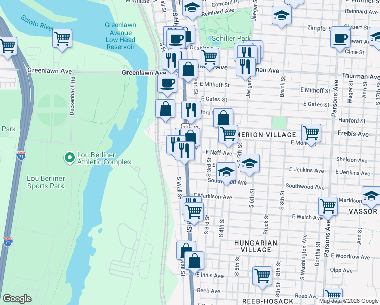 map of restaurants, bars, coffee shops, grocery stores, and more near 1357 City Park Avenue in Columbus