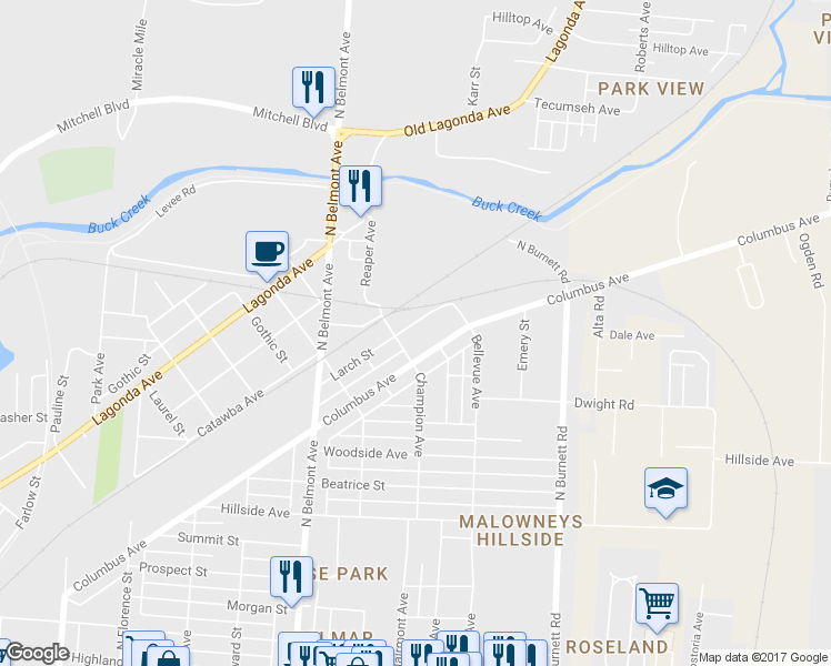 map of restaurants, bars, coffee shops, grocery stores, and more near 2219 Larch Street in Springfield