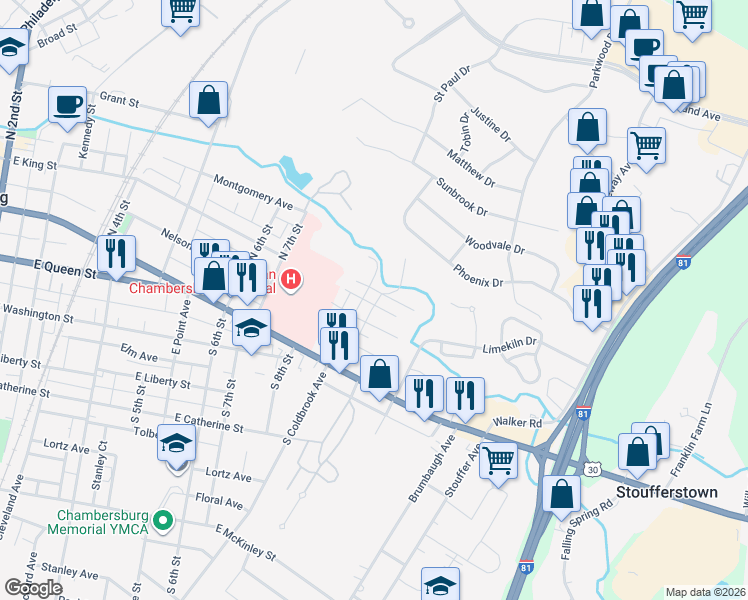 map of restaurants, bars, coffee shops, grocery stores, and more near 915 East King Street in Chambersburg