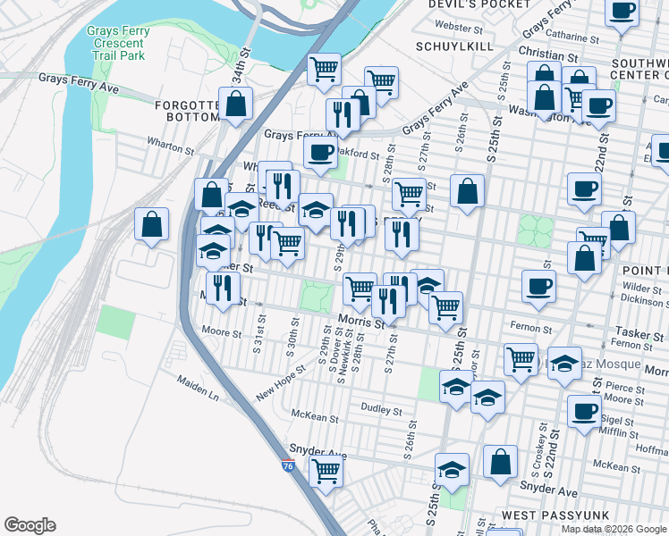 map of restaurants, bars, coffee shops, grocery stores, and more near 1519 South Myrtlewood Street in Philadelphia