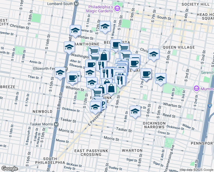 map of restaurants, bars, coffee shops, grocery stores, and more near 1213 South Alder Street in Philadelphia