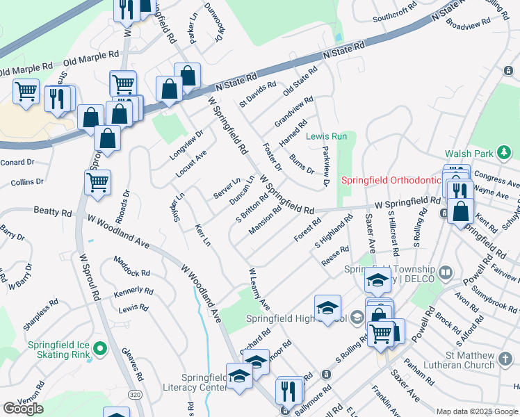 map of restaurants, bars, coffee shops, grocery stores, and more near 29 South Britton Road in Springfield