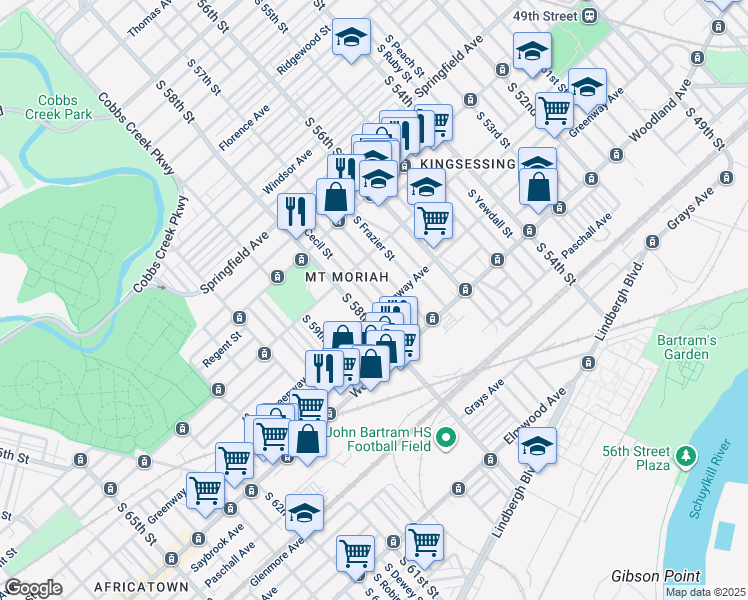 map of restaurants, bars, coffee shops, grocery stores, and more near 2053 South Cecil Street in Philadelphia