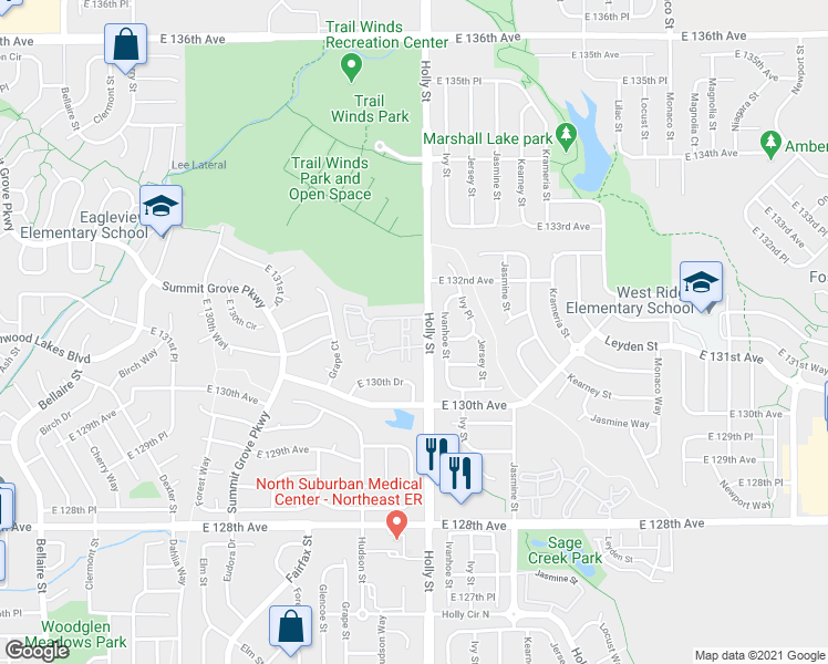 map of restaurants, bars, coffee shops, grocery stores, and more near 13295 Holly Street in Thornton