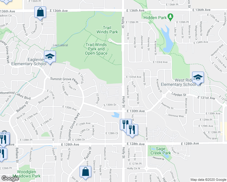 map of restaurants, bars, coffee shops, grocery stores, and more near 13275 Holly Street in Denver