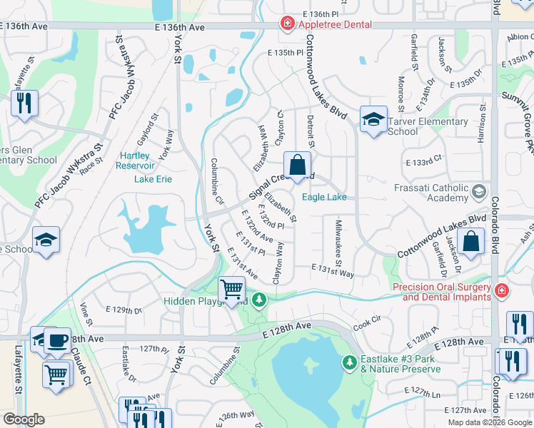 map of restaurants, bars, coffee shops, grocery stores, and more near 13287 Elizabeth Street in Thornton
