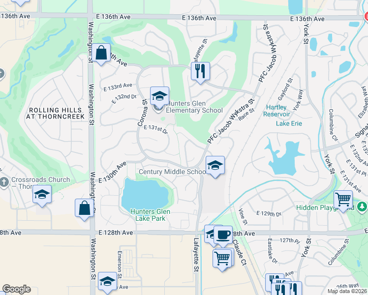map of restaurants, bars, coffee shops, grocery stores, and more near 13089 Marion Drive in Thornton