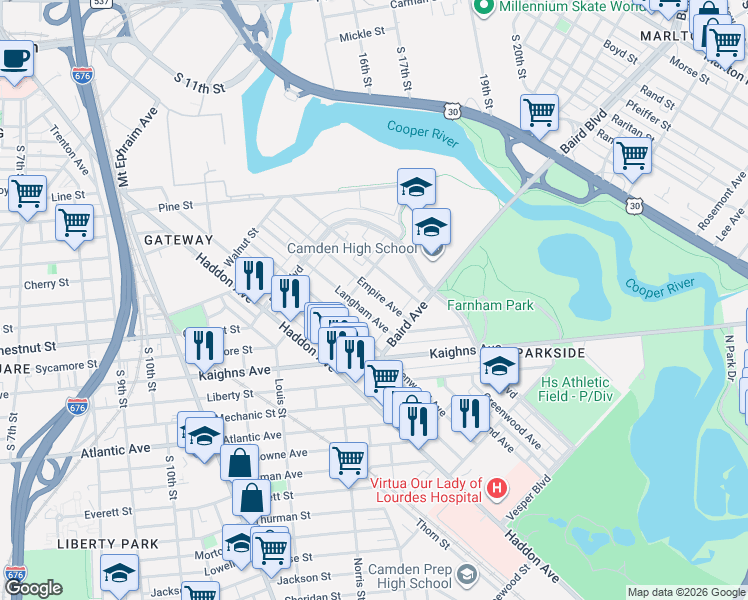 map of restaurants, bars, coffee shops, grocery stores, and more near 1234 Empire Avenue in Camden
