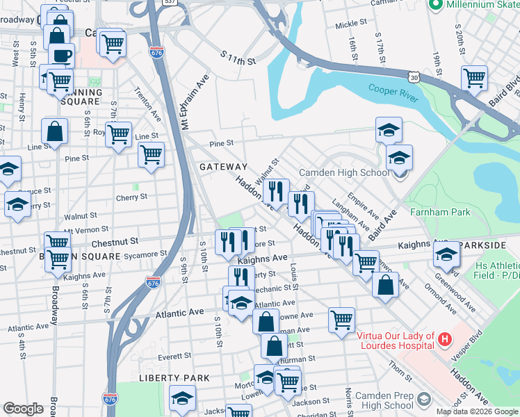 map of restaurants, bars, coffee shops, grocery stores, and more near 1046 Haddon Avenue in Camden