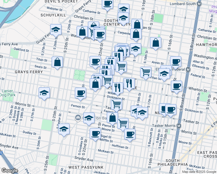 map of restaurants, bars, coffee shops, grocery stores, and more near 2050 Reed Street in Philadelphia