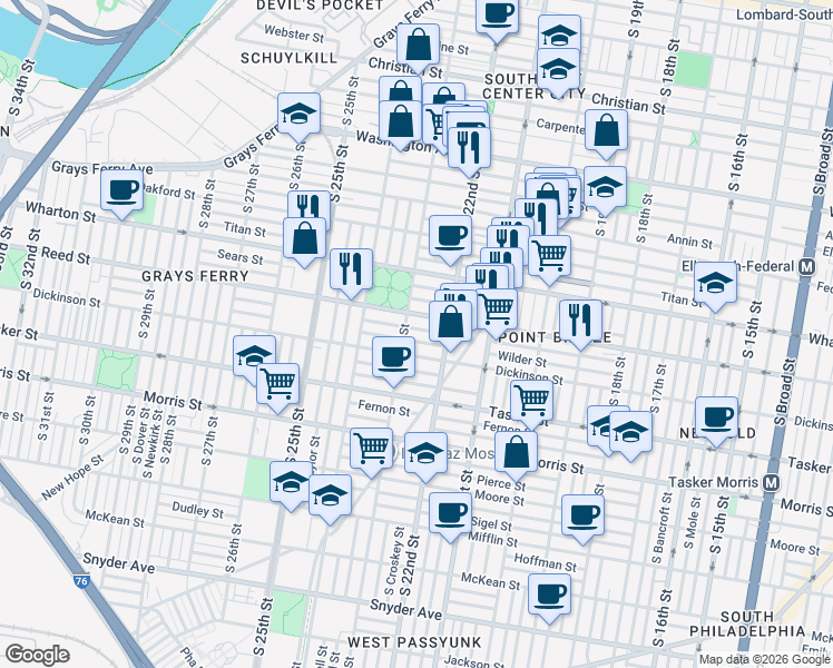 map of restaurants, bars, coffee shops, grocery stores, and more near 2216 Reed Street in Philadelphia