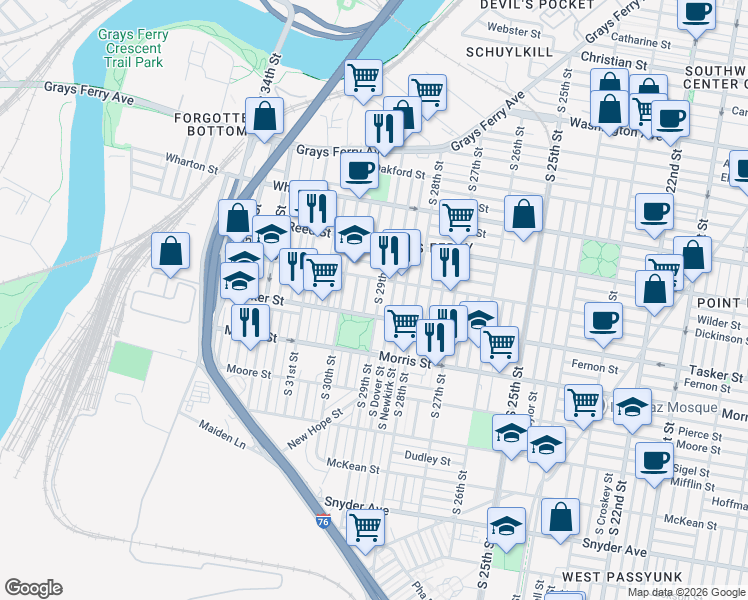 map of restaurants, bars, coffee shops, grocery stores, and more near 1519 South Myrtlewood Street in Philadelphia
