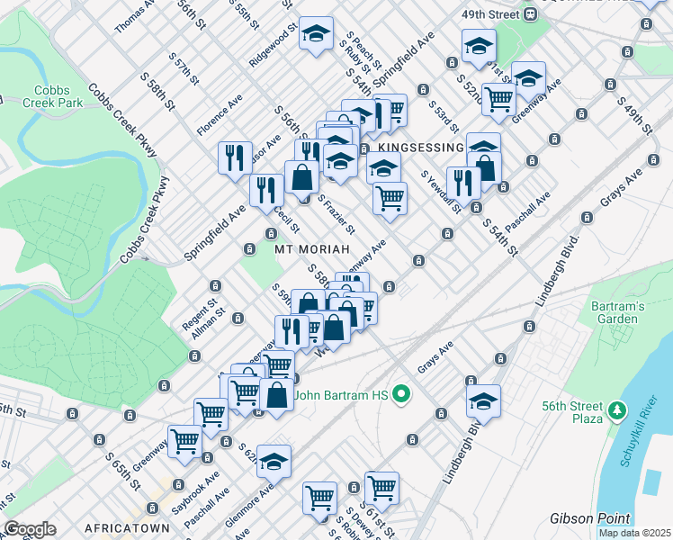 map of restaurants, bars, coffee shops, grocery stores, and more near 2056 South 57th Street in Philadelphia