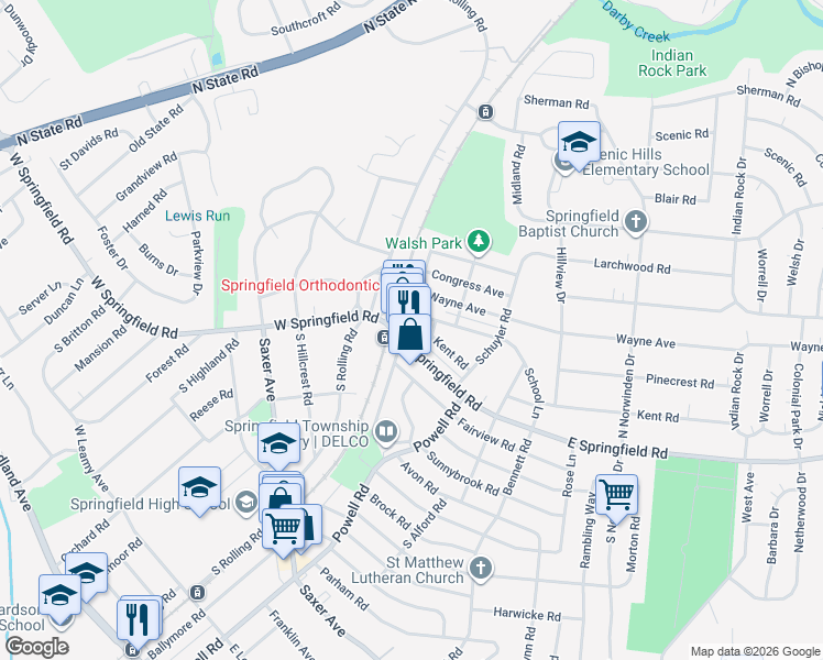 map of restaurants, bars, coffee shops, grocery stores, and more near 24 Surrey Road in Springfield