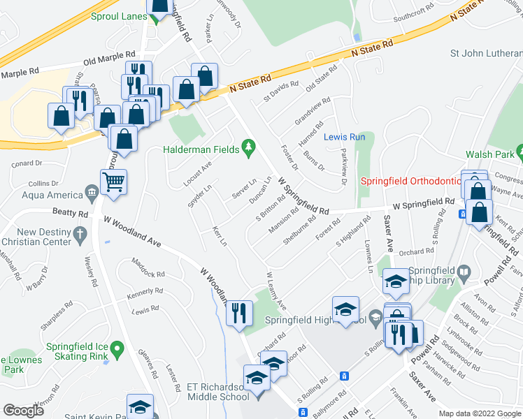map of restaurants, bars, coffee shops, grocery stores, and more near 44 South Britton Road in Springfield