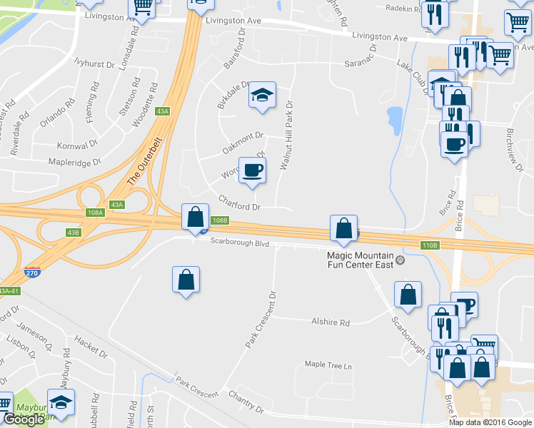 map of restaurants, bars, coffee shops, grocery stores, and more near 5645 Chatford Drive in Columbus
