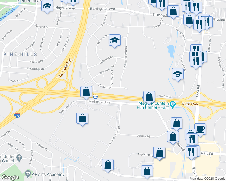 map of restaurants, bars, coffee shops, grocery stores, and more near 5603 Chatford Drive in Columbus