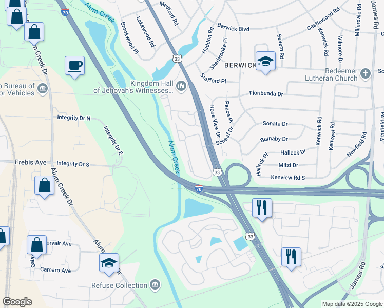 map of restaurants, bars, coffee shops, grocery stores, and more near 1688 Creeksedge Drive in Columbus