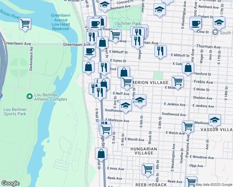 map of restaurants, bars, coffee shops, grocery stores, and more near 1364 South 3rd Street in Columbus