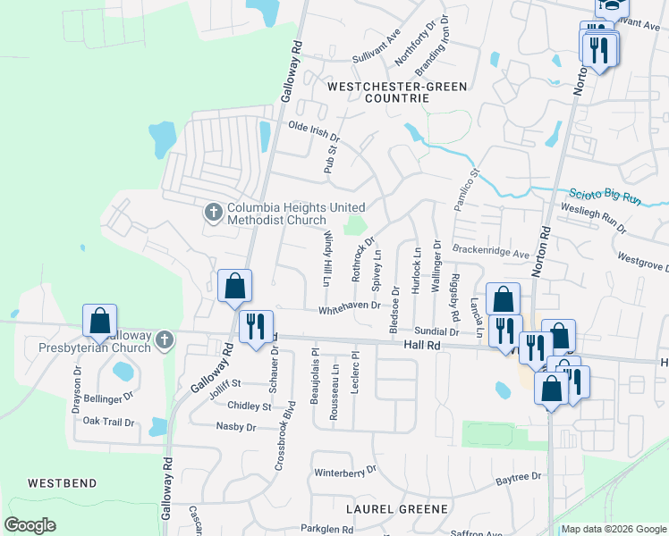 map of restaurants, bars, coffee shops, grocery stores, and more near 797 Rothrock Drive in Galloway