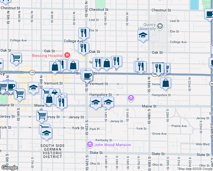 map of restaurants, bars, coffee shops, grocery stores, and more near 1400 Vermont Street in Quincy