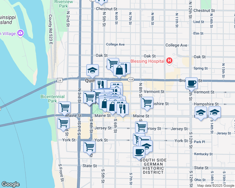 map of restaurants, bars, coffee shops, grocery stores, and more near 237 North 6th Street in Quincy
