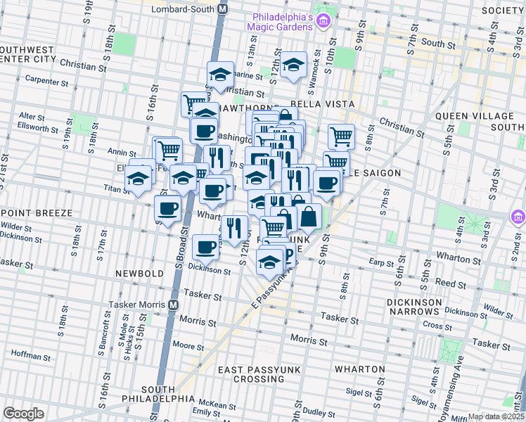 map of restaurants, bars, coffee shops, grocery stores, and more near 1120 Latona Street in Philadelphia