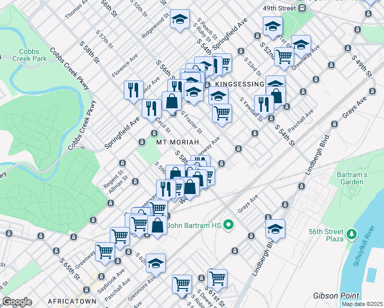 map of restaurants, bars, coffee shops, grocery stores, and more near 2056 South 57th Street in Philadelphia