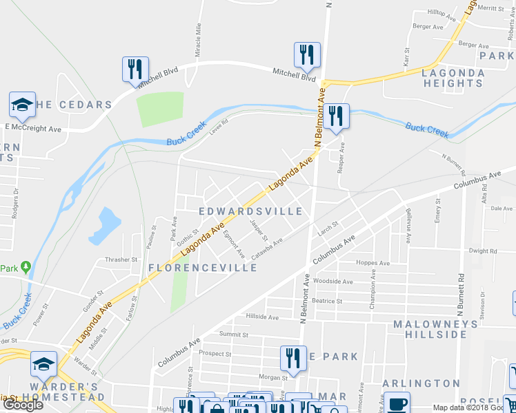 map of restaurants, bars, coffee shops, grocery stores, and more near 1719 Lagonda Avenue in Springfield