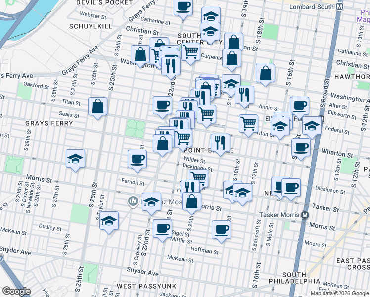 map of restaurants, bars, coffee shops, grocery stores, and more near 2050 Reed Street in Philadelphia