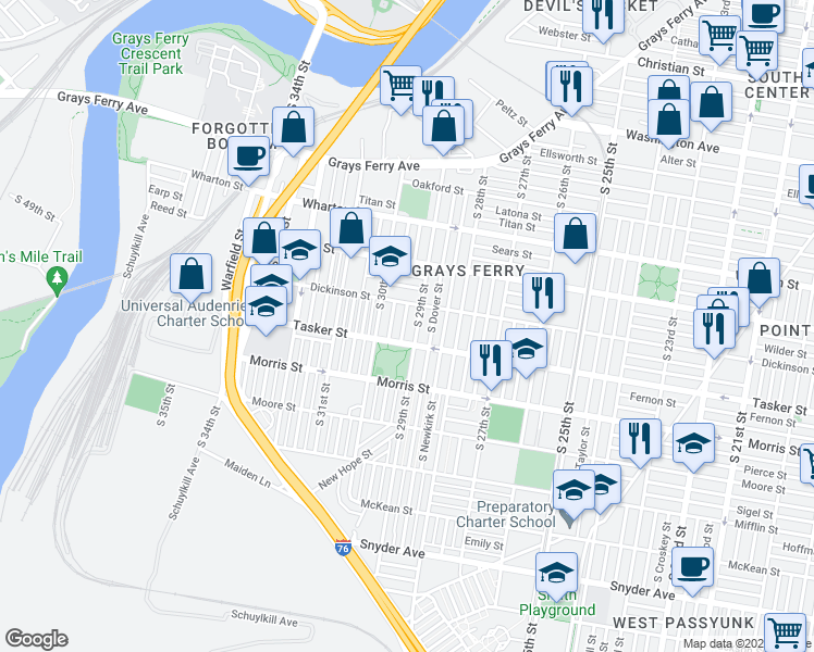 map of restaurants, bars, coffee shops, grocery stores, and more near 1531 South Hollywood Street in Philadelphia