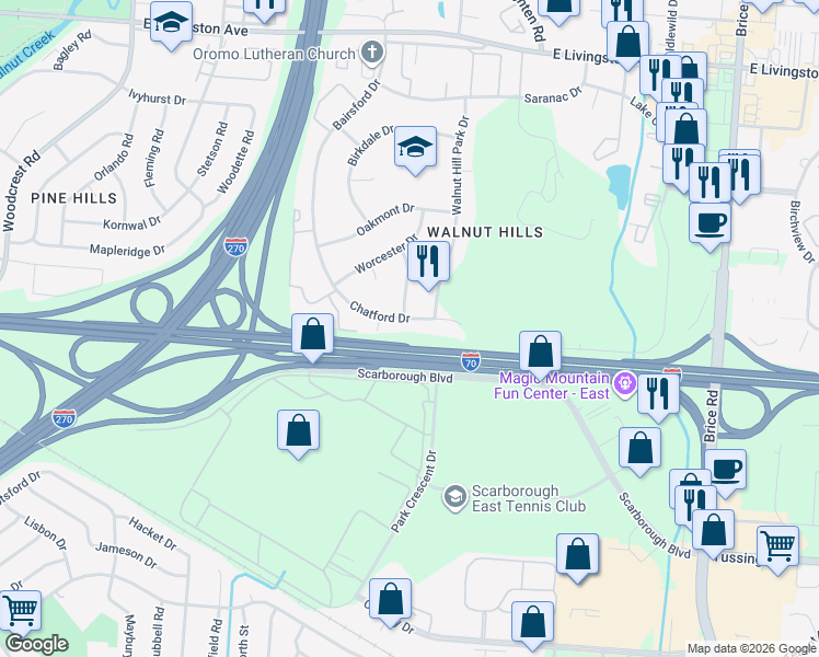 map of restaurants, bars, coffee shops, grocery stores, and more near 5625 Chatford Drive in Columbus