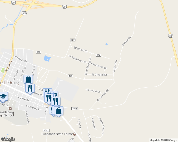 map of restaurants, bars, coffee shops, grocery stores, and more near 100 Cold Spring Drive in McConnellsburg