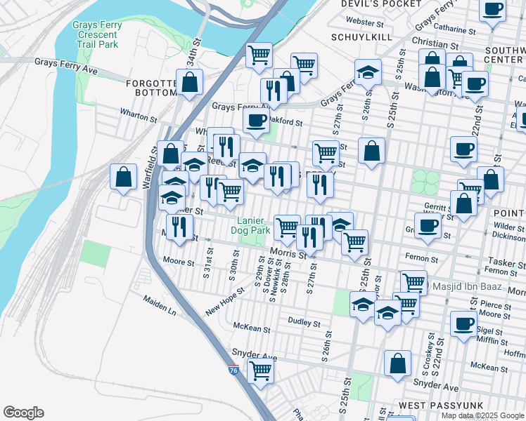 map of restaurants, bars, coffee shops, grocery stores, and more near 1531 South Hollywood Street in Philadelphia