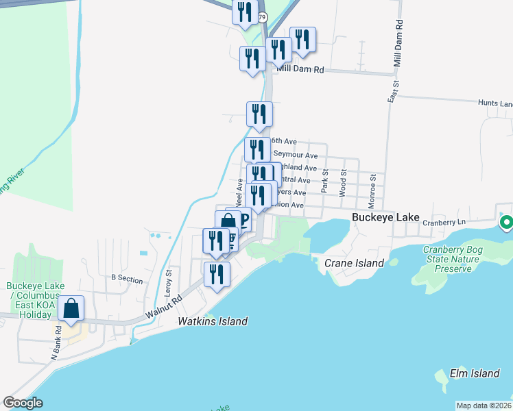 map of restaurants, bars, coffee shops, grocery stores, and more near 11116 Hebron Road in Buckeye Lake