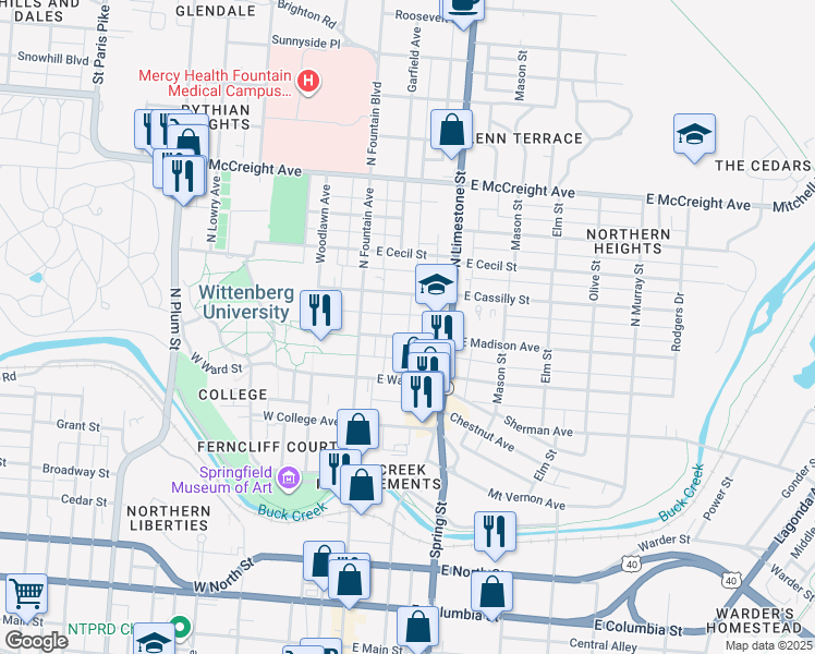 map of restaurants, bars, coffee shops, grocery stores, and more near 50 East Madison Avenue in Springfield