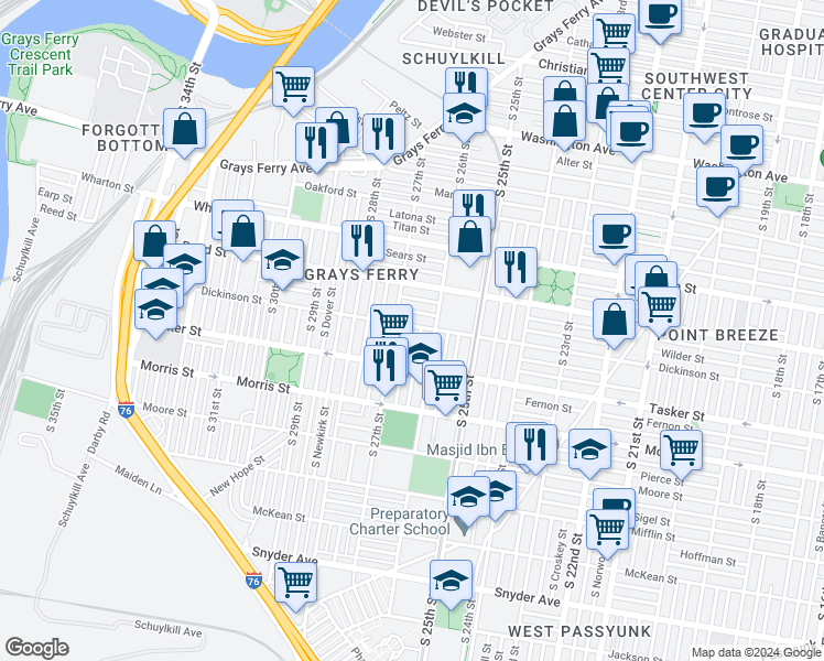 map of restaurants, bars, coffee shops, grocery stores, and more near 1503 South Taney Street in Philadelphia