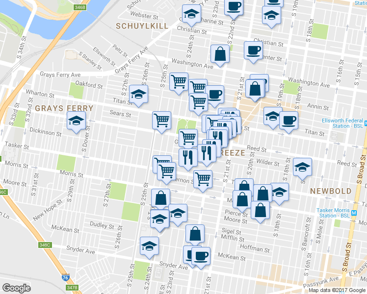 map of restaurants, bars, coffee shops, grocery stores, and more near 2327 Wilder Street in Philadelphia