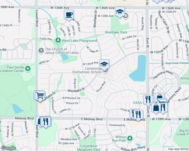 map of restaurants, bars, coffee shops, grocery stores, and more near 3117 West 132nd Court in Broomfield