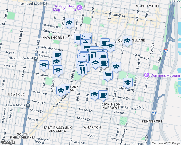 map of restaurants, bars, coffee shops, grocery stores, and more near 1151 East Passyunk Avenue in Philadelphia