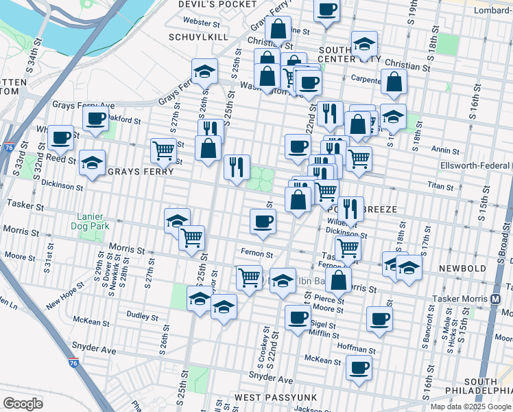 map of restaurants, bars, coffee shops, grocery stores, and more near 2327 Wilder Street in Philadelphia