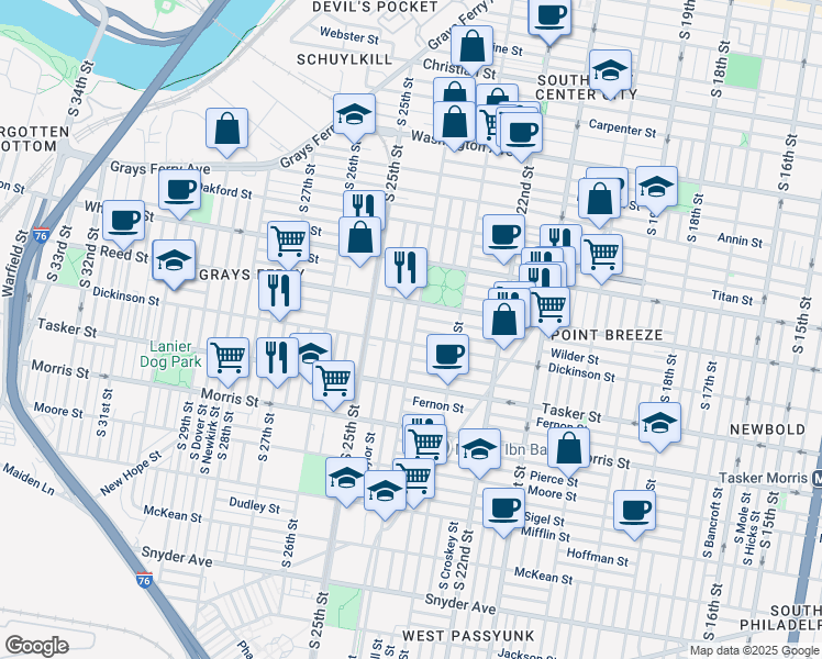 map of restaurants, bars, coffee shops, grocery stores, and more near 1440 South 24th Street in Philadelphia