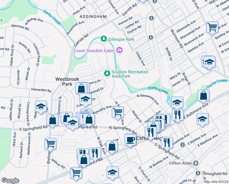 map of restaurants, bars, coffee shops, grocery stores, and more near Mill Street in Clifton Heights